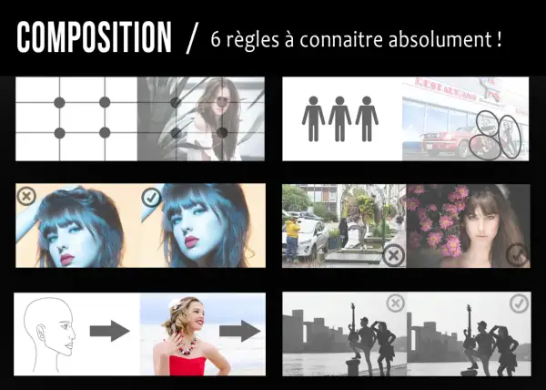 Exemples de cadrage : grille, règles des tiers, silhouettes, portraits, scènes de rue, groupes.