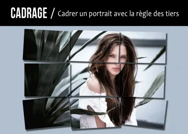 Portrait d'une jeune femme aux yeux verts, cadré selon la règle des tiers. Des feuilles sombres encadrent la composition.