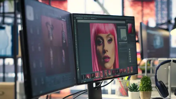 Post-production définition : un écran affiche un portrait de femme avec une perruque rose, en cours d'édition.