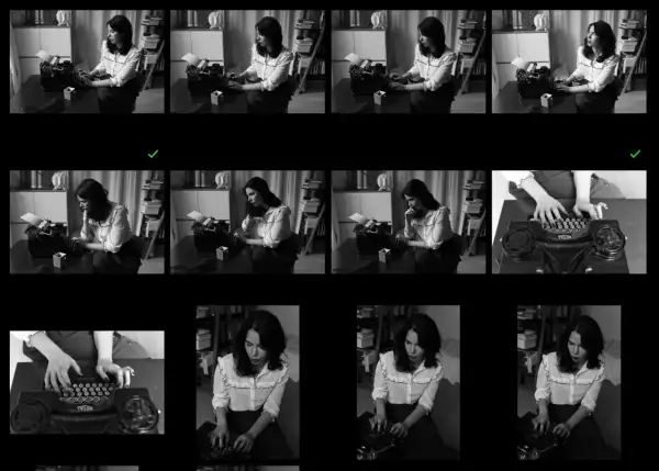 Série photo d'une jeune femme tapant sur une machine à écrire ancienne, concentrée sur son travail.