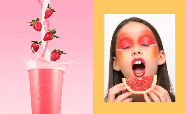Photographie publicitaire : fraises tombant dans un verre rose, et une jeune fille au maquillage audacieux mangeant un pamplemousse.