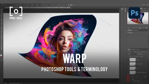 Comment déformer une image sur Photoshop : un portrait stylisé avec des éclaboussures de couleurs vives, entouré d'un contour déformé par l'outil Warp.