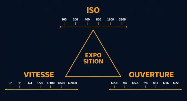 Schéma du triangle d'exposition : ISO, Vitesse, Ouverture. Comprendre ces réglages est essentiel pour une photo réussie.